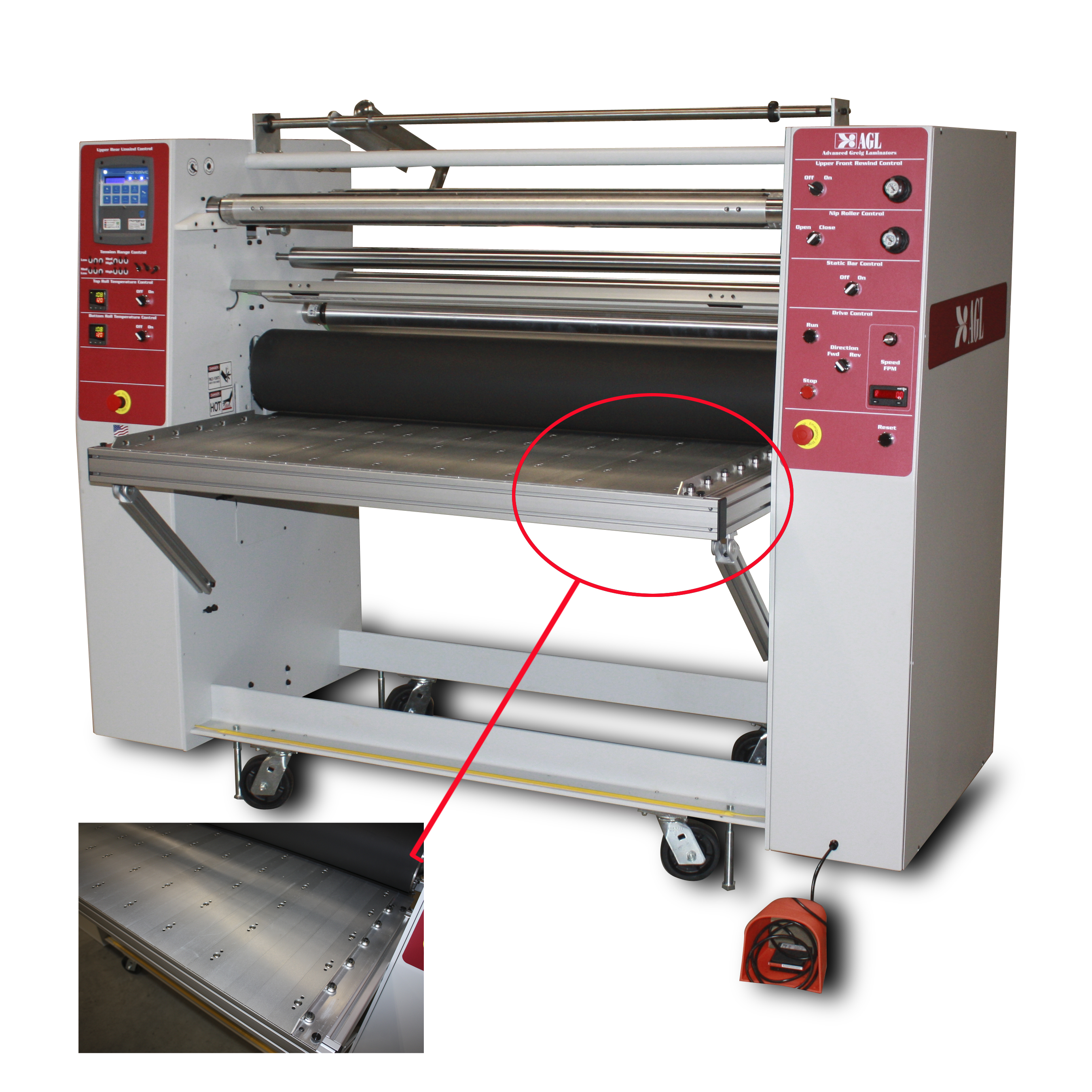 AGL 54 Glass Laminating machine and a close up of the ball bearing easy glide feed table.
